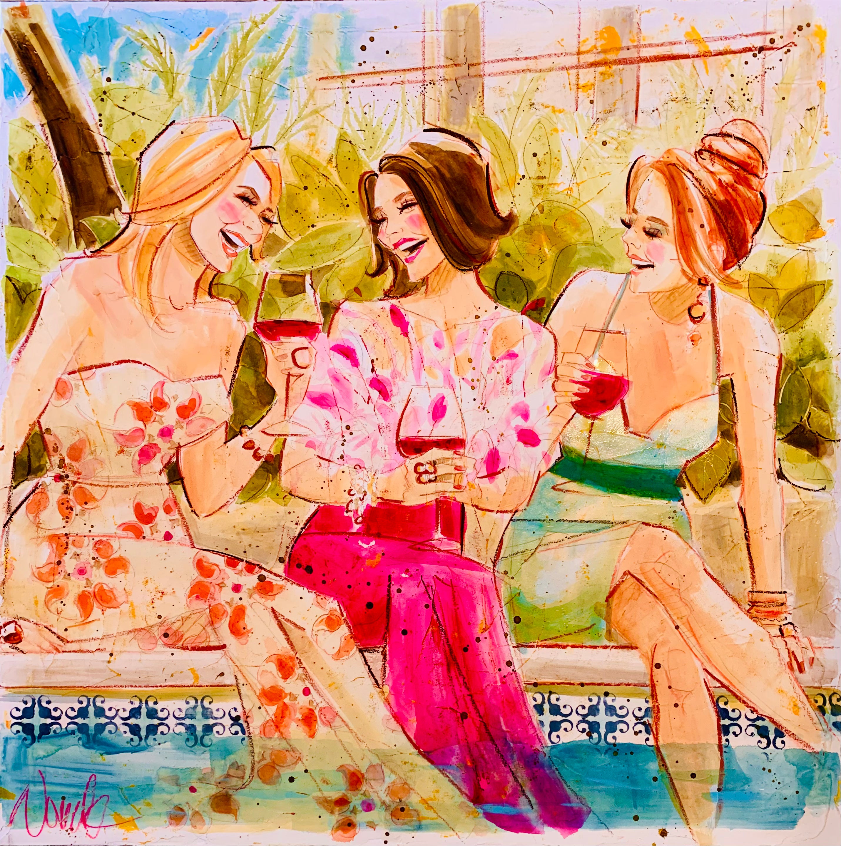 SOLD Pretty in Pink (poolside) Women and Wine Original Painting